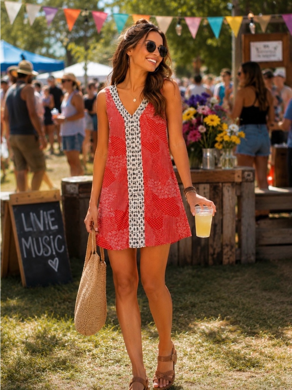 Pink Owl Orange Printed V-Neck Mini Dress with White and Navy Center Trim